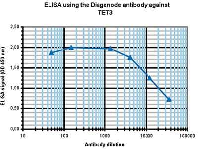 ELISA: TET3 Antibody [NBP3-18691] - Figure 1. Determination of the antibody titer To determine the titer of the antibody, an ELISA was performed using a serial dilution of the antibody directed against mouse TET3 . The plates were coated with the peptides used for immunization of the rabbit. By plotting the absorbance against the antibody dilution (Figure 2), the titer of the antibody was estimated to be 1:20,300.